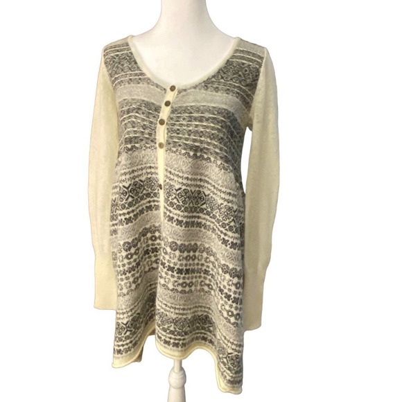 Free People Nordic Long Sleeve cream black gray Fair Isle Knit Tunic Sweater M - Picture 1 of 11